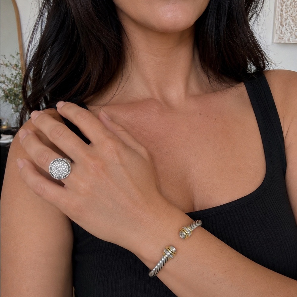 Classic Twisted Cable Cuff Bracelet Gold Accents Silver Gold Crystal Ring Set